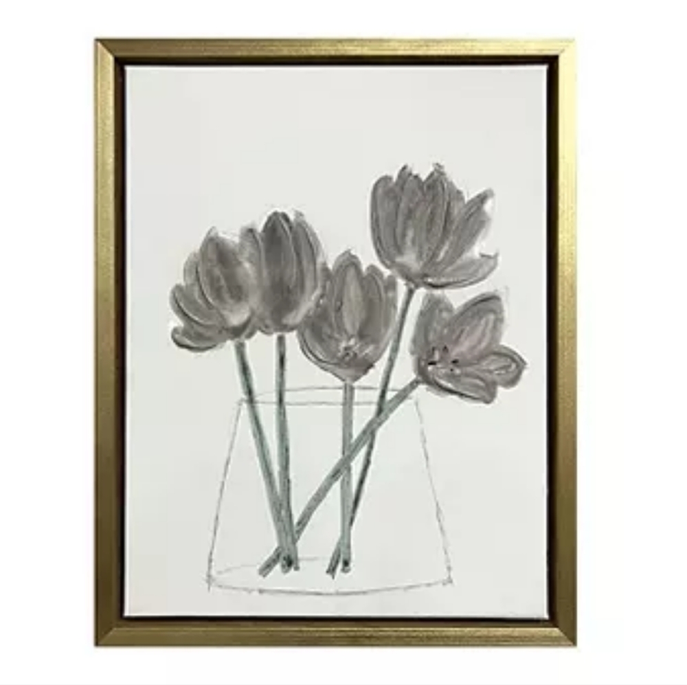 White & Charcoal Floral Framed Canvas